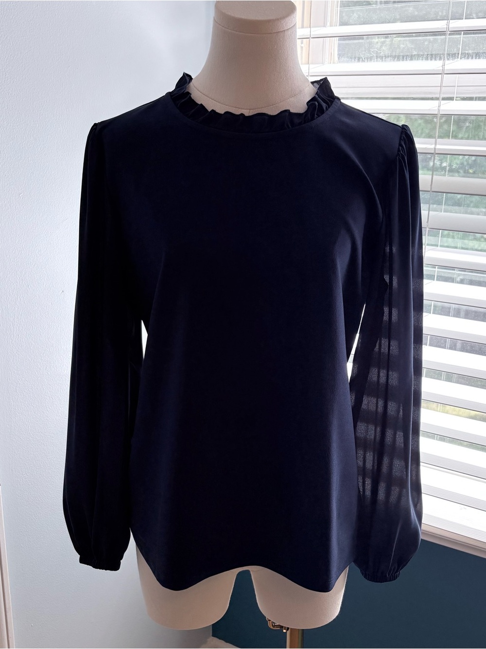Ann Taylor Women's Navy Long-Sleeve Ruffle Neck Top